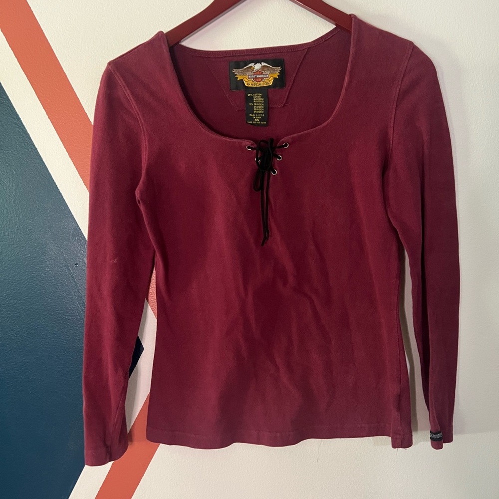 Vintage Harley-Davidson Women's Burgundy Lace-Up Scoop Neck Top